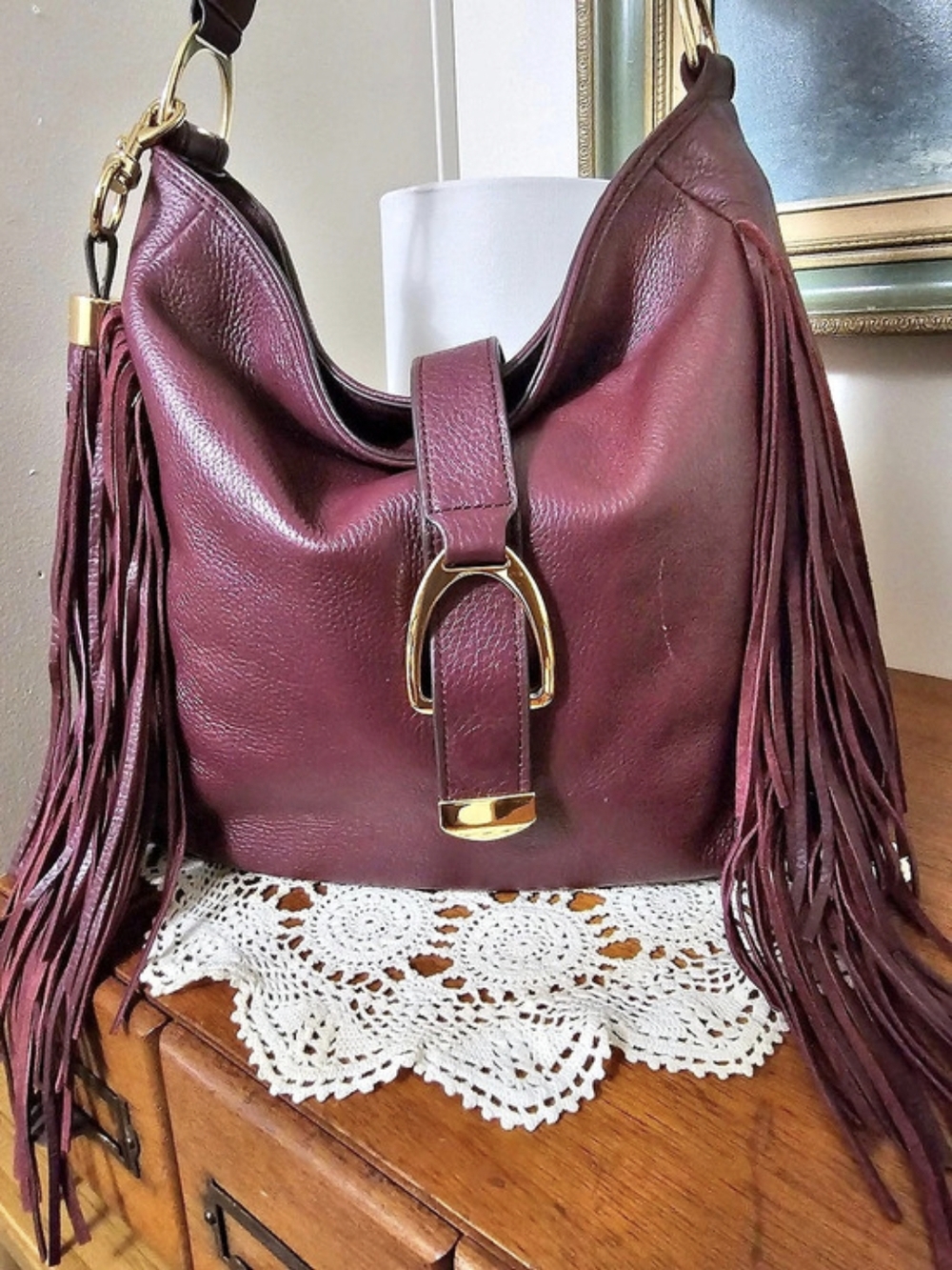 G.I.L.I. Fringe Hobo Bag. Eggplant/ Wine Color